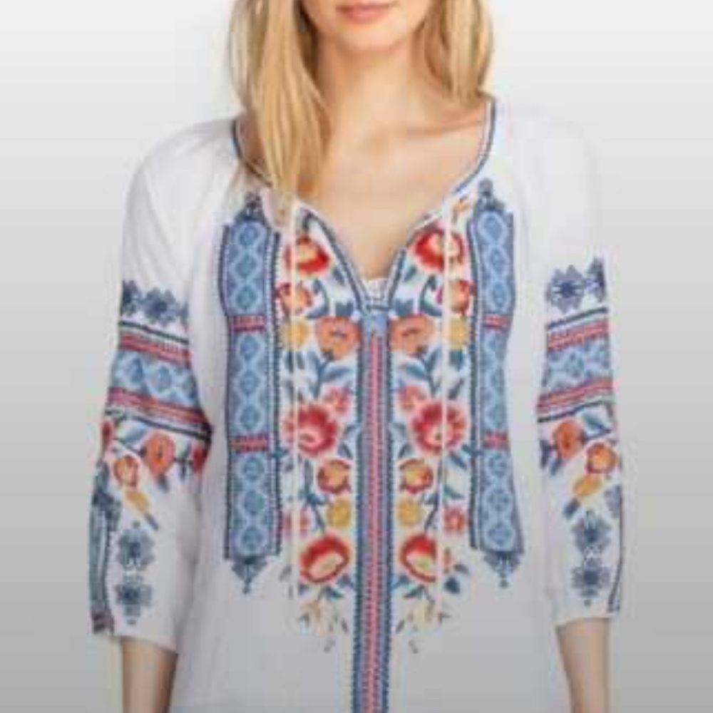 Johnny Was Workshop Embroidered Boho Peasant Blouse XS White Multicolor